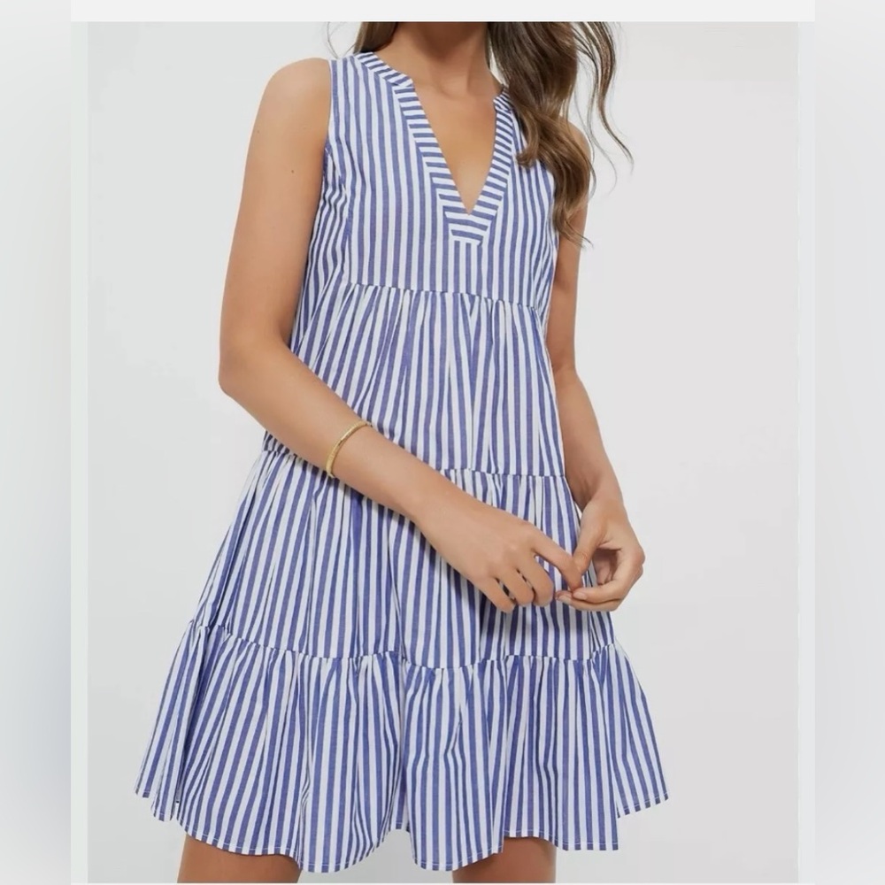 Pomander Place Blue & White Stripe Sleeveless Cotton Kenzo Mini Dress